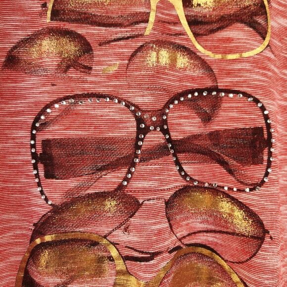 ❤️EYEGLASS Shirt Rhinestone and Gold design Style & Co Gathered short sleeve Red - Picture 4 of 6